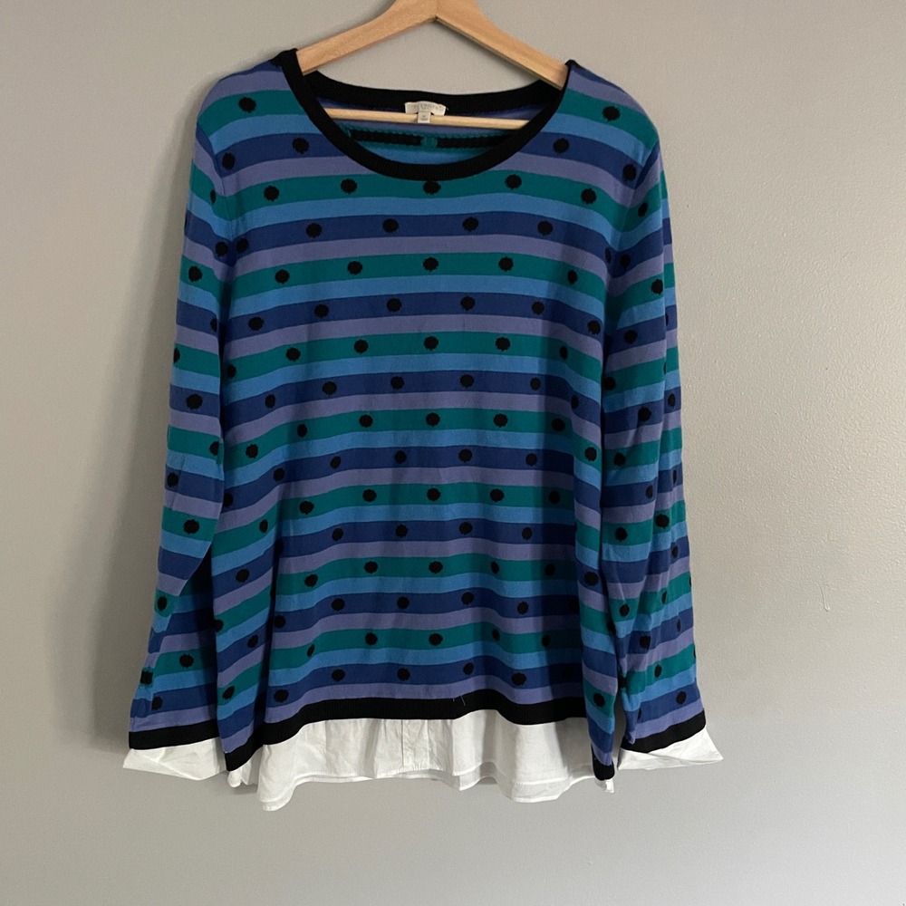 Talbots Sweater Women XL Blue Striped Polka Dot Layered Preppy Coastal Office